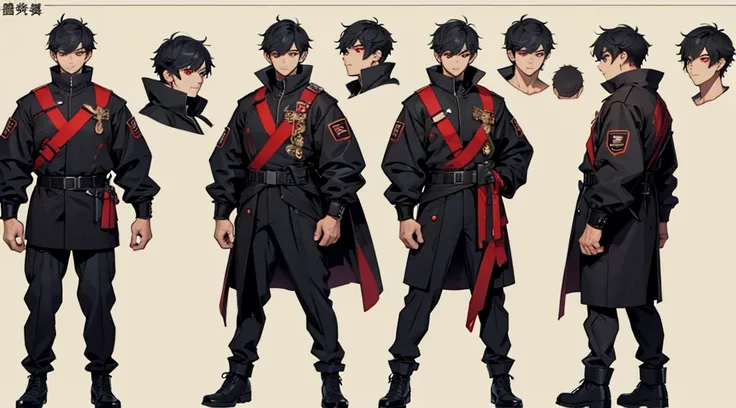 Character design sheet、boy、Smart black military uniform、Short Hair、Detailed face、Red Eyes