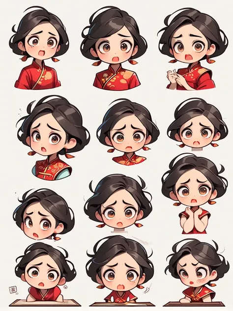 cute and humorous q version chinese girl，big eyes，bust，sticker，6 different facial expressions，expression board，various poses and...