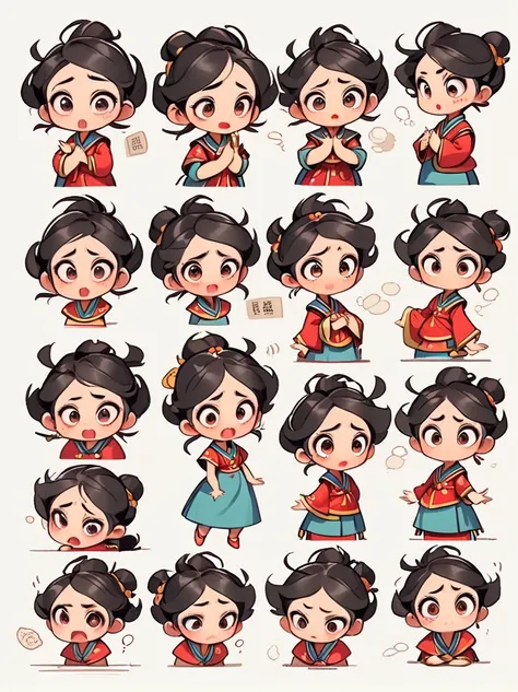 cute and humorous q version chinese girl，big eyes，bust，sticker，6 different facial expressions，expression board，various poses and...