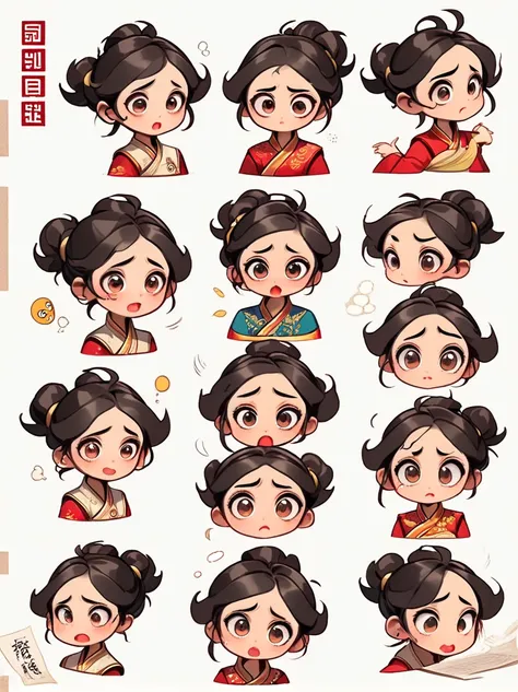 cute and humorous q version chinese girl，big eyes，bust，sticker，6 different facial expressions，expression board，various poses and...