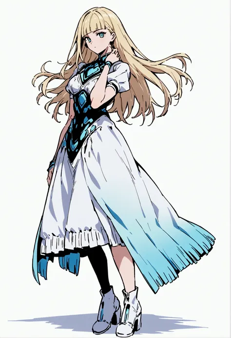 fullbody,masterpiece,standing,adult,1girl,solo,white background,standing straight, curls,blonde long hair,fringe bangs,white boots,light blue knee length frilled dress,flared skirt,short puffy sleeves,