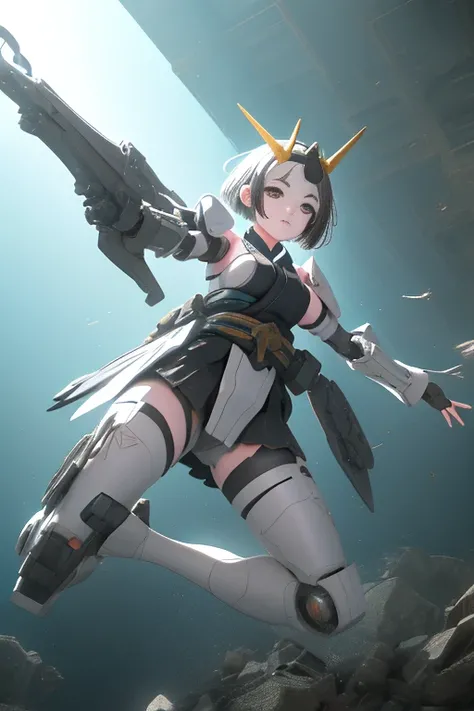 (Highest quality)), ((masterpiece)), (Very detailed: 1.3), 3d, {(Young girl)}, Wearing a white frilly Gothic Lolita outfit, (She is fused with a Gundam mecha from the future.....), With headgear, With V-fin , Armored Shoulders,Armament, Armor at the feet, ...