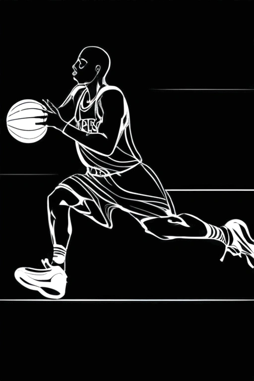 The basketball player is moving, with simple lines, smooth lines, luminous lines, black background and abstract style.