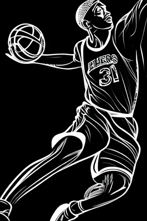 The basketball player is moving, with simple lines, smooth lines, luminous lines, black background and abstract style.