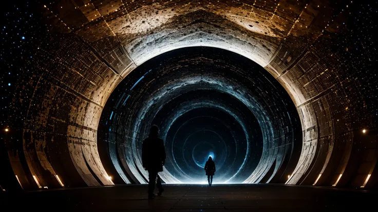 Depict a person walking through a tunnel made of interconnected star maps and cosmic charts. The tunnel represents the connected spacetime. Along the walls of the tunnel, scenes of different events play out, showing how time passes differently for differen...