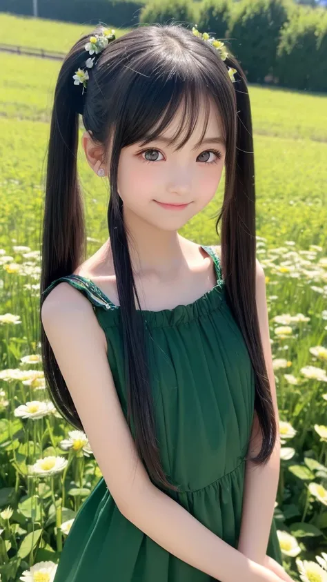 (Best Quality、Mastepiece:1.2)、One girl、Solo、Long Hair、Black Hair、Twin tails、Charm_Ear、Light Green Dress、Charm、12 years old、Highly detailed eyes and face、Eyes with beautiful details、Flower field、A shy smile.(Petite、Being thin、Slender:1.2)