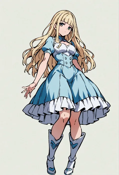 fullbody,masterpiece,standing,adult,1girl,solo,white background,standing straight, curls,blonde long hair,fringe bangs,white boots,light blue knee length frilled dress,flared skirt,short puffy sleeves,