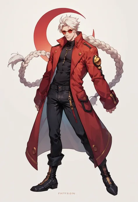 Blazblue ,human Male  ,Round red Sunglasses  , white hair,long braided ,zip Red Coat  , Black shirt ,Full body ,boots , Black Pants , ((Best design Character)) ,Eclipse in the background ,pose