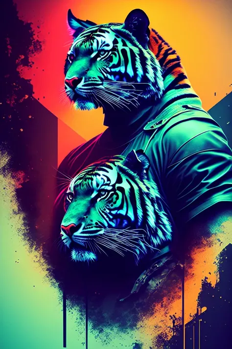 tiger t-shirt designs, 3D t-shirt art, cyber punk, epic illustration, realisitic, 3d illustration, black backdrop, very colorful, modern colors full gradients, focused, from front view