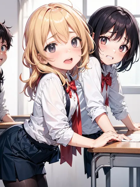 Highest quality,Highest quality,一人のboy,Multiple Girls,((((10 years old)))), Surrounded by girls,Flat Chest,orgasm,blush, Sweat, Sakurai Momoka,blonde,White Sarah Outfit,Navy Blue Skirt, Not a long pleated skirt,whole body,night classroom, Grey pantyhose、Na...