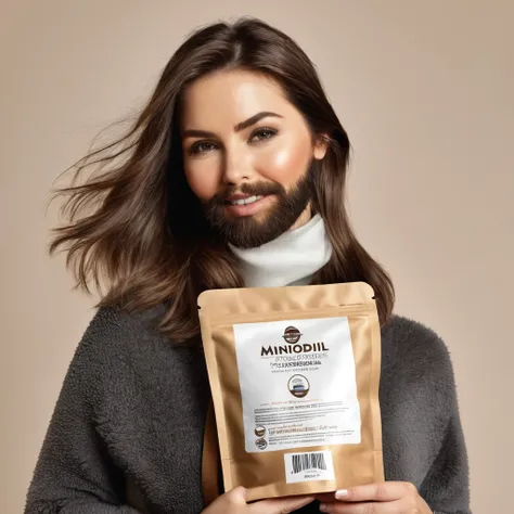 
bearded woman, cheek hair, neck hair, shaggy, brown hair, hold a pack of minoxidil beard