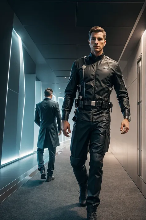 make a realistic man with sci fi world walking towards a big watch and saying see you later