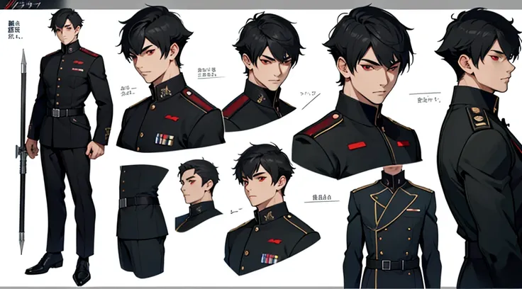 Character design sheet、boy、Smart black military uniform、Short Hair、Detailed face、Red Eyes