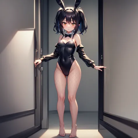 ((Bunny girl)),Dropped ears,(Fishnet tights),(barefoot),Cute little ,Tiny ,Small girl,,Childish face, Very fine clean face,Top quality,Black Hair,(Dark Room), Subtle light, Natural light,Soft lighting,Light from directly behind, (Are standing),With bust up...