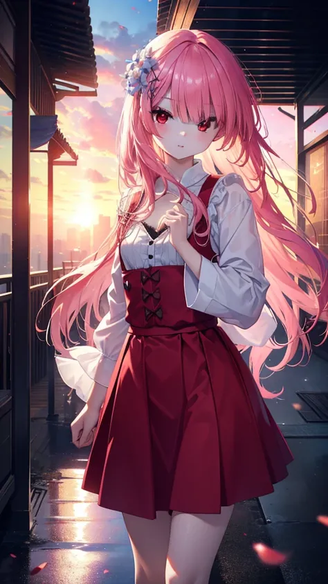 rezerorum, rum, Hair Flowers, hair ornaments, Hair above one eye, Pink Hair, (Red eyes:1.5), smile,blush,Long Hair, x hair ornaments, Tie your hair back,bangs, blunt bangs, (Flat Chest:1.2),Gorgeous pink dress,Long skirt,Sandals,evening,sunset,
break outdo...