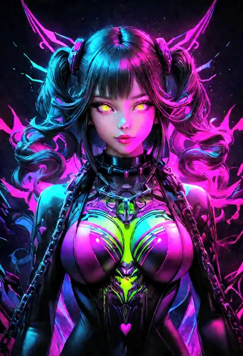 a digital painting of a woman with chains around her neck, intricate artwork. neon eyes, dripping in neon paint, neon vibes, neon and dark, neon PURPLE, Turquoise,PINK, GREEN, airbrush digital art, neon digital art, airbrush art, neon ink, inspired by Mike...