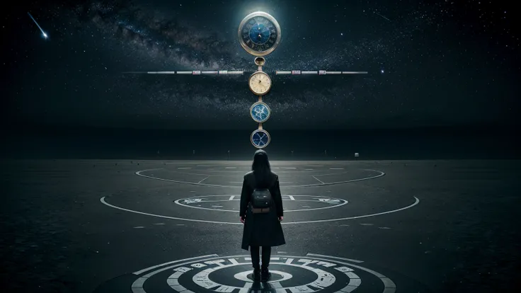 Show a person standing at a crossroads with various paths leading to different futures. Each path is labeled with different possibilities, and the person looks confused about which one to take. Above, a large cosmic clock ticks away, hinting that the futur...