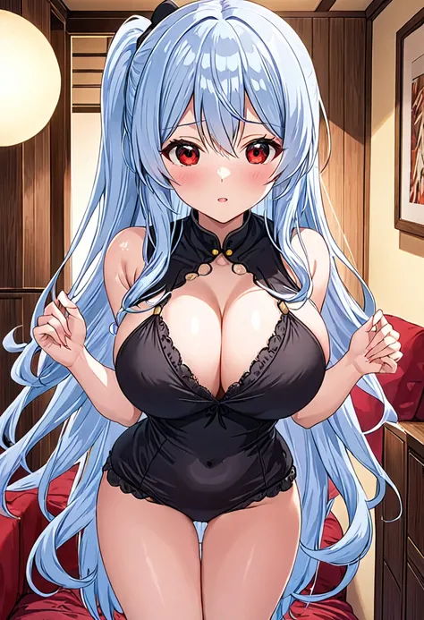 My name is Yukiko.I am a white test woman with long Sky blue hair,red eye color.I am 1.62 cm tall . My breasts measure 200 cm, my waist 40 cm and my hips 200 cm.Dressed in tight, low-cut short black pajamas   . With big breasts 200 cm