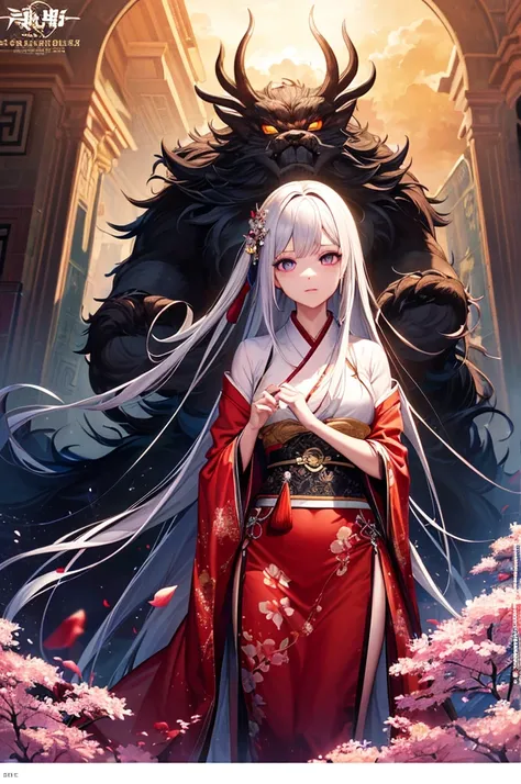 (Divine Beast), Nine-Tailed Fox, Dynamic Body Type, (Chinese Monster), good looking, splashed Ink, Chinese, One girl, ((whole body), ((2.5D)), Floating Hair, Beautiful Eyes, Delicate eyes, Delicate silhouette, Fantasy art, (Antique black and red brocade ha...