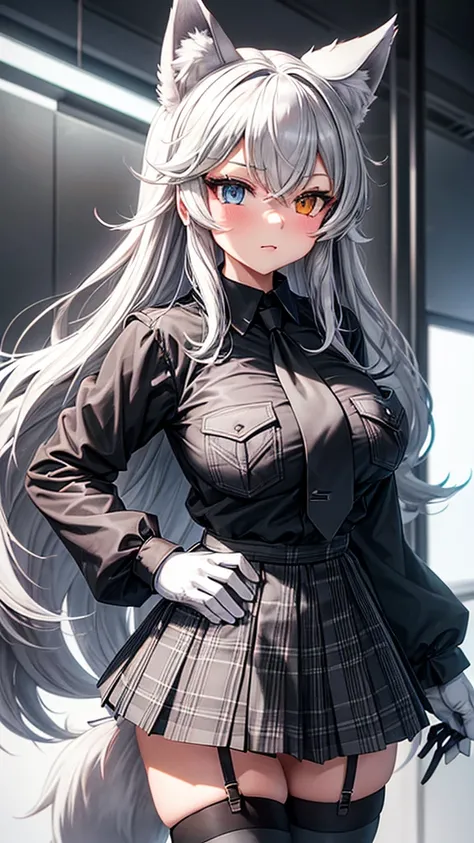 grey wolf (kemono friends), 2girl, two-tone hair, long hair, wolf ears, heterochromia, wolf tail, large breasts, fur collar, collared shirt, black shirt, breast pocket, plaid necktie, plaid skirt, pleated skirt, white gloves (holding breast), two-tone thig...