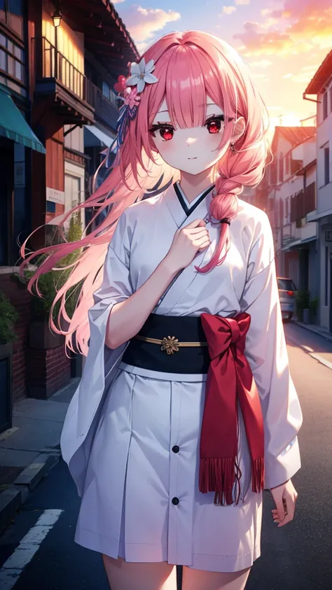 rezerorum, rum, Hair Flowers, hair ornaments, Hair above one eye, Pink Hair, (Red eyes:1.5), smile,blush,Long Hair, x hair ornaments, Tie your hair back,bangs, blunt bangs, (Flat Chest:1.2),Pink gorgeous Japanese kimono,,Sandals,evening,sunset, break outdo...