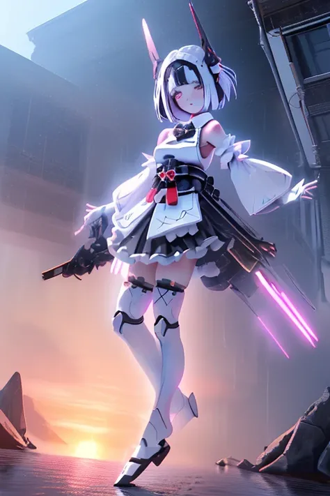 (Highest quality)), ((masterpiece)), (Very detailed: 1.3), 3d, {(Young girl)}, Wearing a white frilly Gothic Lolita outfit, (She is fused with a Gundam mecha from the future.....), With headgear, With V-fin , Armored Shoulders,Armament, Armor at the feet, ...