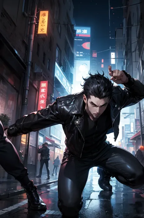 City backstreet at night、Knock out a giant man、Fighting Women、Expressionless、Wearing a black leather jacket and black leather pants、Dynamic pose