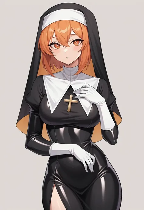 1girl, orange hair, ((white elbow gloves)), ((latex gloves)), ((long sleeves)), ((nun outfit)), looking at viewer, standing, solo