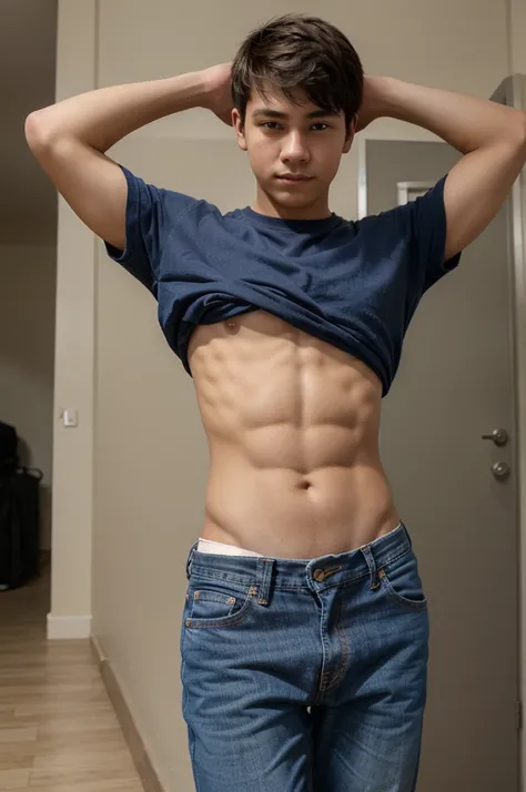 boy , 15 years old , Lift up your shirt. , see six pack , Wear jeans. , Big target