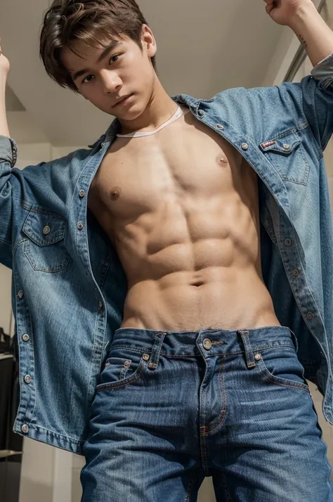 boy , 15 years old , Lift up your shirt. , see six pack , Wear jeans. , Big target