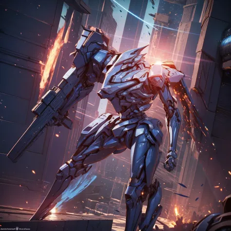 (Obra de arte, melhor qualidade:1.5).Mech branco e azul com detalhes dourados, médio, segurando uma sniper azul grande. Extremely detaild, 8K, HDR, naturallight, cinematic lighting, masterpiece-anatomy-perfect, Ultra HD, (Space Combat:1.5, Battlefield:1.5)...