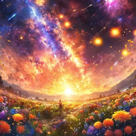 masterpiece, concept art, panorama, in the center, figure, wide shot, flower garden, night, (Meteors), Space galaxy background, (magnificent composition, epic proportions), dynamic lighting, Bright colors, mimosas ,landscape