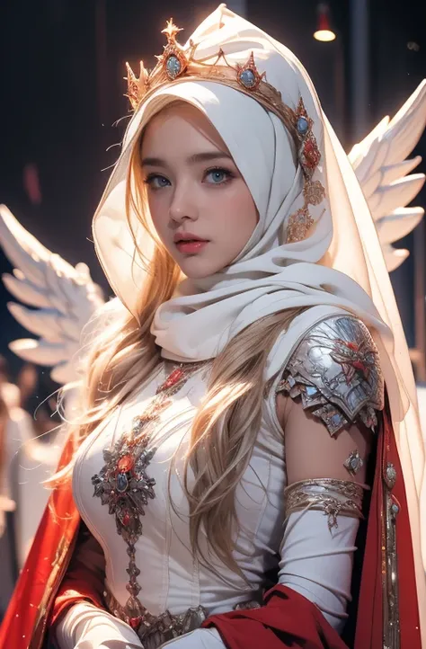 Elegant armor,princess, Full body, wearing a hijab , crown luxury , blue eye, blond hair, around 17 years old, (red silver hijab), tmasterpiece，Best quality at best，A high resolution，8K，((Portrait))，(upper body)，Original photo，real photograph，digital photo...