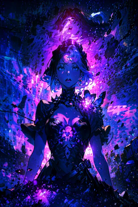 1girl,solo,cool,bigbreast,cleavage,purple and black dress,purple,black,darkness,poison,purple aura,skull, starry,strry light,night,colorful,cloud,star (sky),