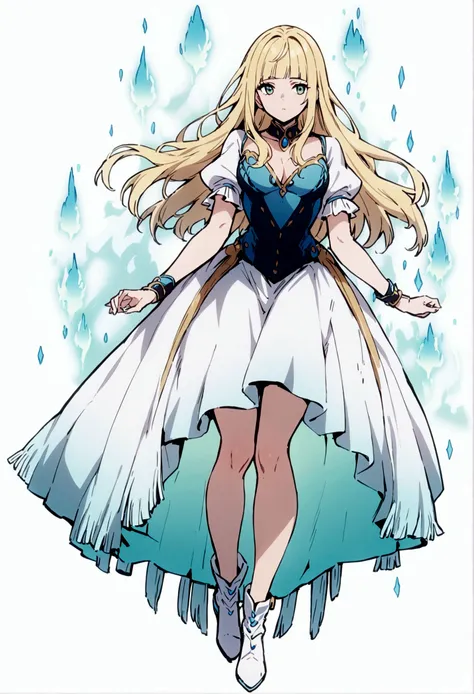 fullbody,masterpiece,standing,adult,1girl,solo,white background,standing straight, curls,blonde long hair,fringe bangs,white boots,light blue knee length frilled dress,flared skirt,short puffy sleeves,