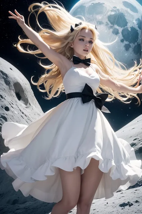 Photo of a female lizard animal with big, blonde hair floating through the air and wearing a white dress with a black bow on the front, on a moon