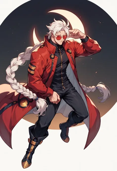 Blazblue ,human Male  ,Round red Sunglasses  , white hair,long braided ,zip Red Coat  , Black shirt ,Full body ,boots , Black Pants , ((Best design Character)) ,Eclipse in the background ,pose