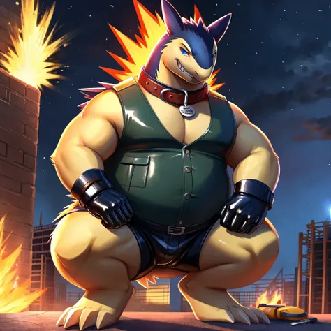 Solo, Male, fat, squatting, extremely obese, Typhlosion, blue eyes, (soft shading), 4k, hi res, ((detailed face, detailed)), looking at viewer, evil grin, construction site, safety vest, construction vest, male focus, glasses, monocle, vest with buttons, T...