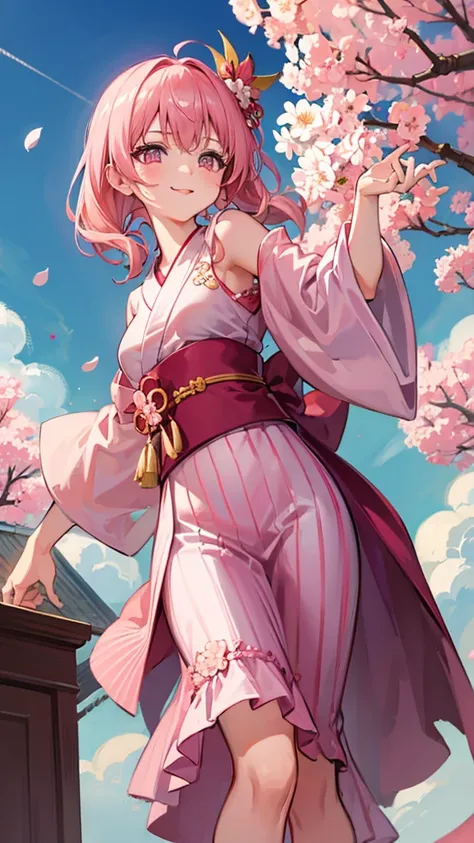 Pink Hair　Pink eyes　Small breasts　Brat　Tongue out　Cherry blossom pattern yukata　Fantastic place　Dancing with a fan in each hand　high school student　Side tail hairstyle