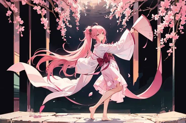 Pink Hair　Pink eyes　Small breasts　Brat　Tongue out　Cherry blossom pattern yukata　Fantastic place　Dancing with a fan in each hand　high school student　Side tail hairstyle　Ｒ１８