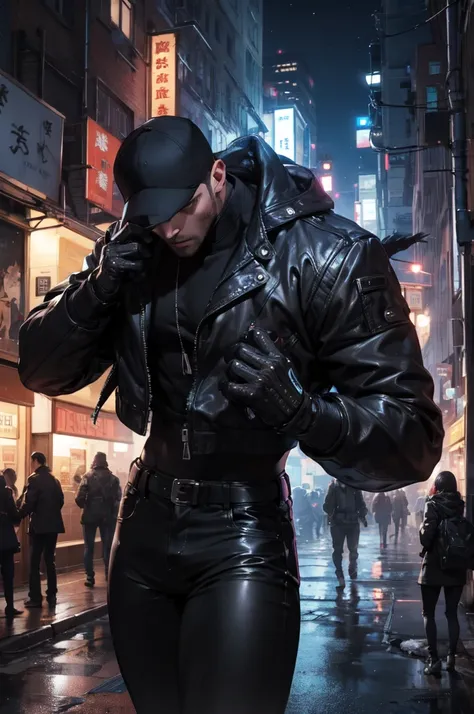 City backstreet at night、Woman defeats giant man、Fighting Women、Expressionless woman、The woman is wearing a black leather jacket and black leather pants.、Dynamic pose、Men lose