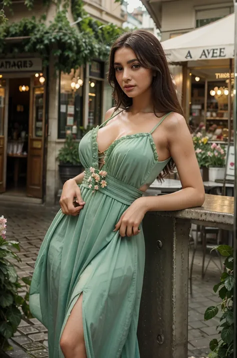 4D realistic image about beautiful turkish woman dynamic pose in the vintage of the Eiffel Tower background, wearing long dress, Parisian street with flower shops and cafes, raindrops on green leaves, detailed, soft lighting, romantic atmosphere, High reso...