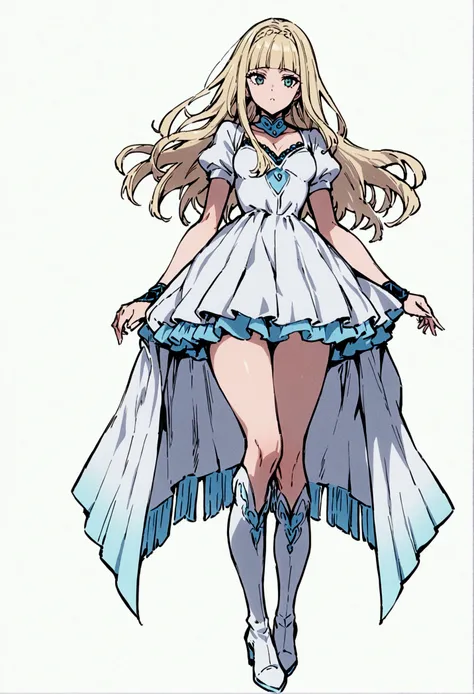 fullbody,masterpiece,standing,adult,1girl,solo,white background,standing straight, curls,blonde long hair,fringe bangs,white boots,light blue knee length frilled dress,flared skirt,short puffy sleeves,