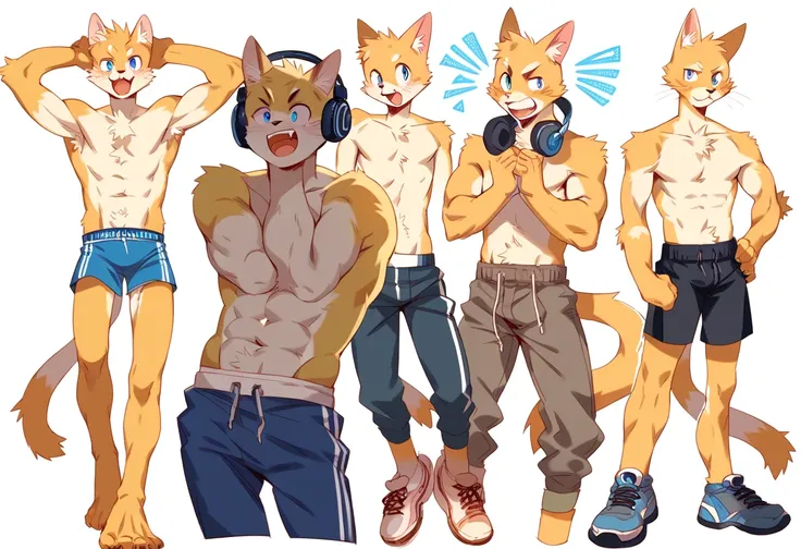 score_9, score_8_up, score_7_up, full body, male, furry, high quality, hires, anthro, teenager, 16 years old, domestic cat, yellow fur, blue eyes, excited expression, humanoid feet, shirtless, slim body, slender body, prominent v-line, prominent abs, promi...