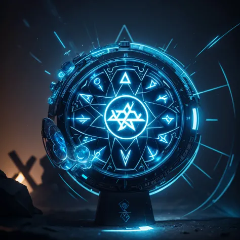 mysterious, Magical, artifact, glows with blue light, runes, symbol, complex parts,  Super detailed, 8 k