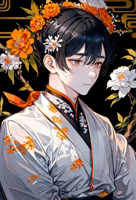 A man covered in a large amount of small osmanthus flowers。Childish face and short dark grey hair、Orange eyes。Wearing a silver kimono。Hands over mouth。