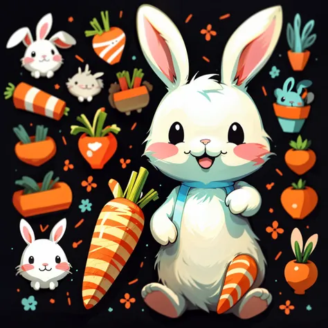 sticker, ((One cartoon)), a rabbit, eating carrot, happy, Simple black background