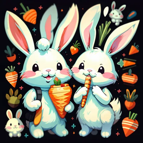 sticker, ((One cartoon)), a rabbit, eating carrot, happy, Simple black background