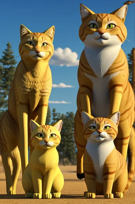 A fat yellow cat ,a tall skinny yellow cat and a fat coyote standing in 3d animation