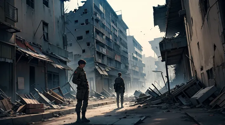 Ruined Town、Place々The building is collapsing、unmanned、after the battle、night、A man in military uniform with short hair stands alone